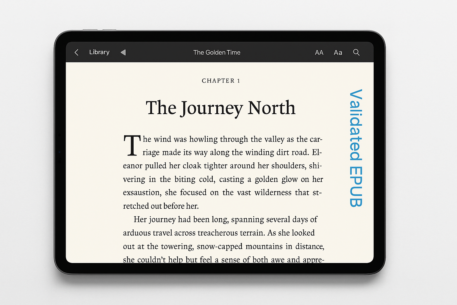 After: polished EPUB on a laptop screen with proper chapter heading, clean spacing, and embedded image