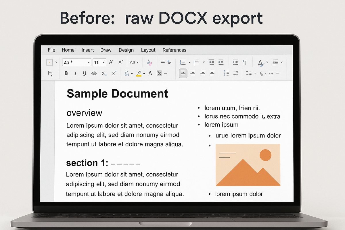 Before: unformatted DOCX viewed on a laptop screen